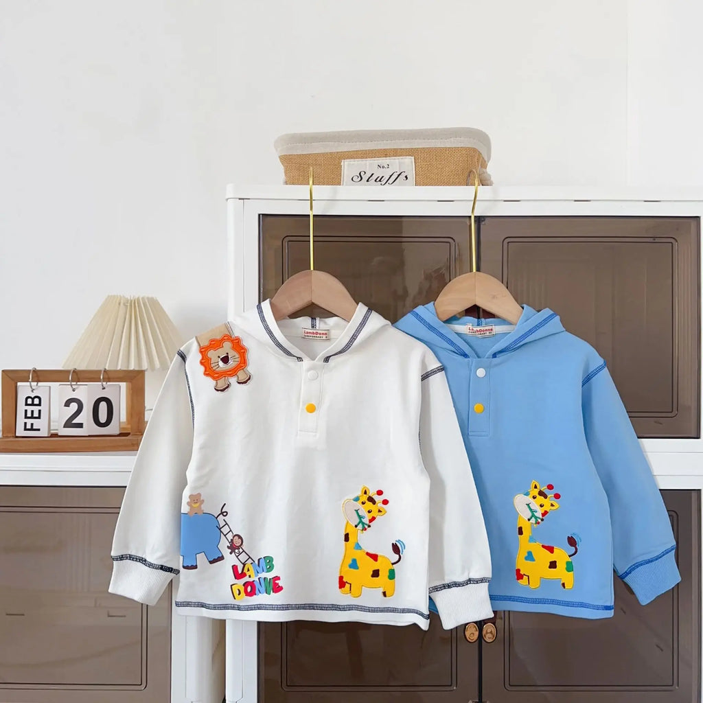Toddler Boys Cotton Hoodie – Cute Cartoon Giraffe Embroidered Sweatshirt